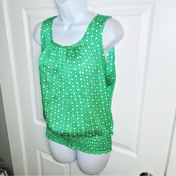 Jules & Leopold Geometric Satin Sleeveless Layering Top Smocked Waist Green S - Picture 3 of 9